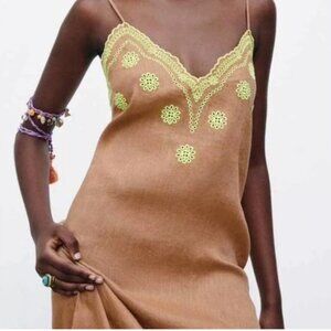 NWT Zara 100% Linen Maxi Sundress Mustard Neon Green Eyelets Embroidery. ]Small